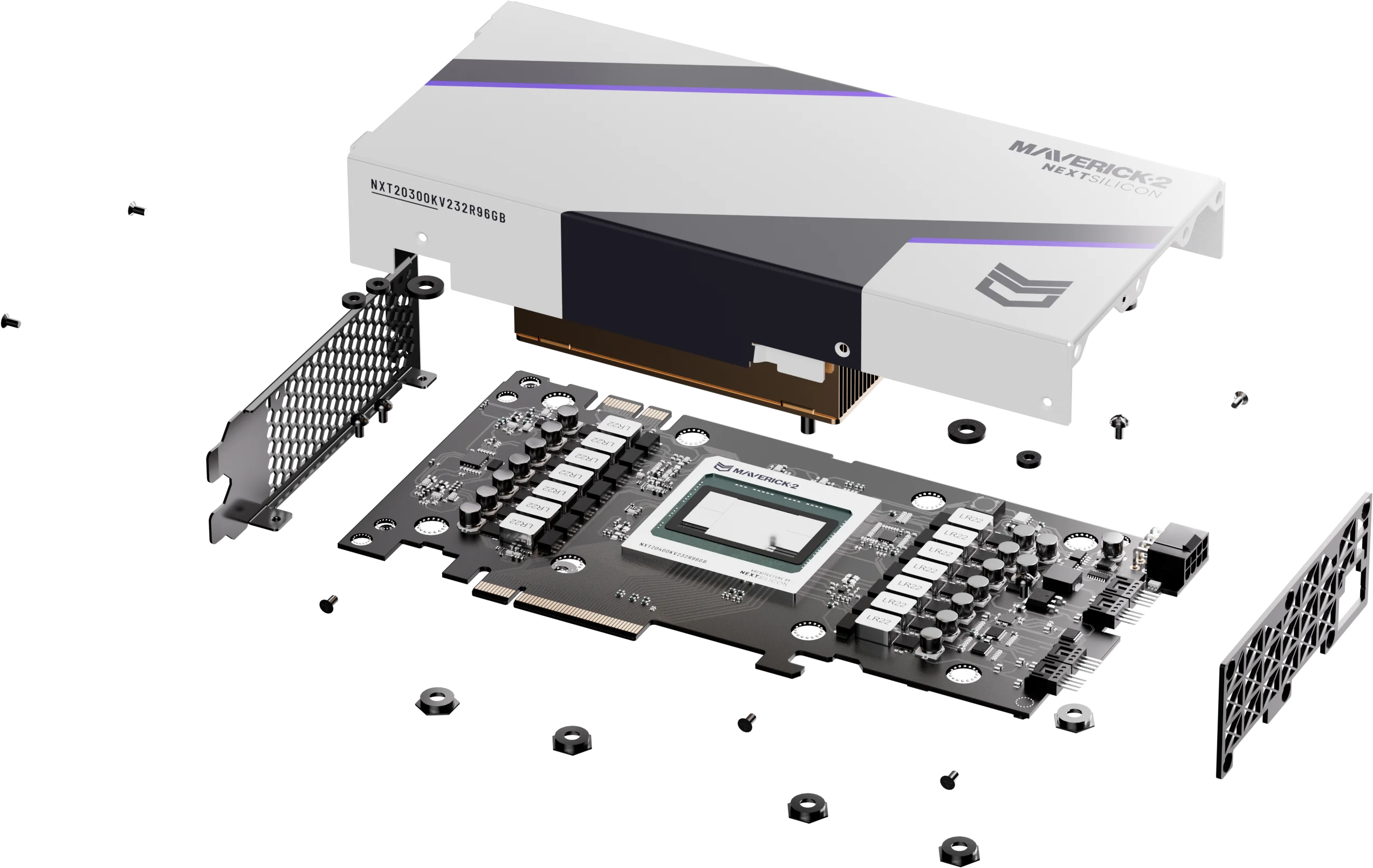 NextSilicon Maverick-2 dataflow accelerator board, exploded view